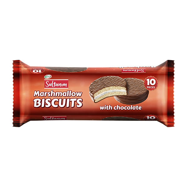 Pack of Sultans Marshmallow Biscuits with Chocolate on a white background