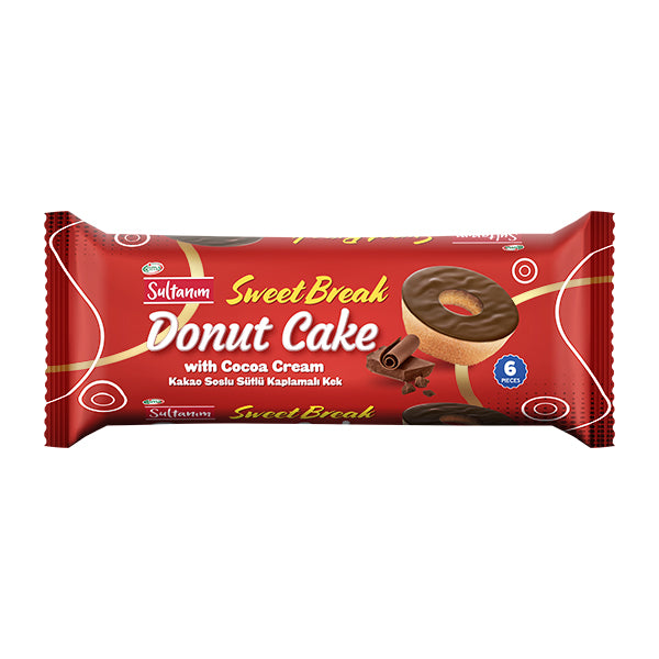 Red packaging of Sweet Break Donut Cake with Cocoa Cream on a white background