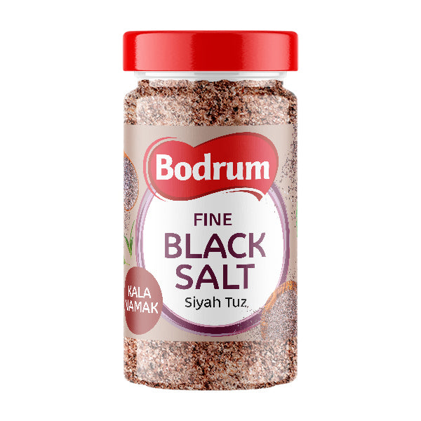 Bodrum Fine Black Salt jar with red lid on a white background
