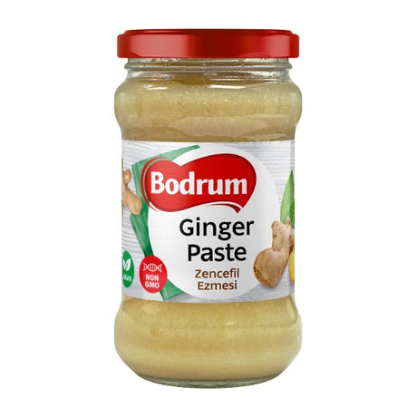 Jar of Bodrum Ginger Paste with a red lid on a white background