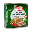 Can of Melis Chicken Luncheon Meat with green label and chicken slices on a white background