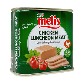 Can of Melis Chicken Luncheon Meat with green label and chicken slices on a white background