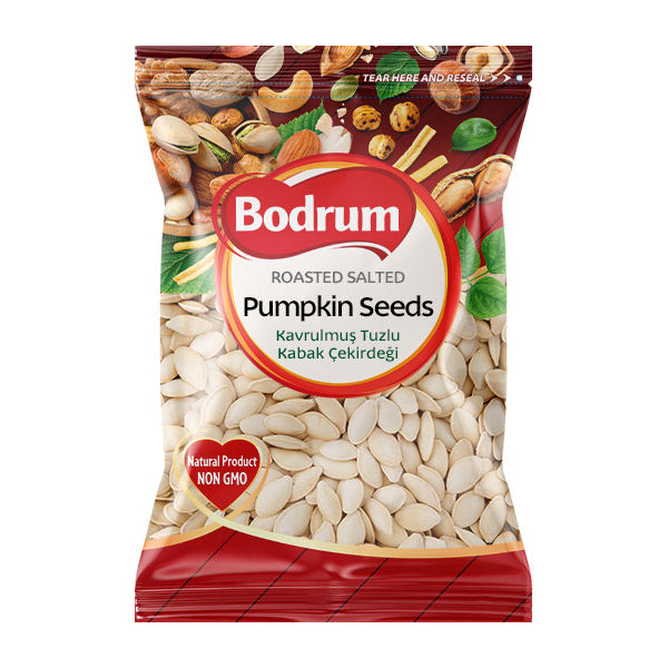 Bag of Bodrum roasted salted pumpkin seeds on a white background