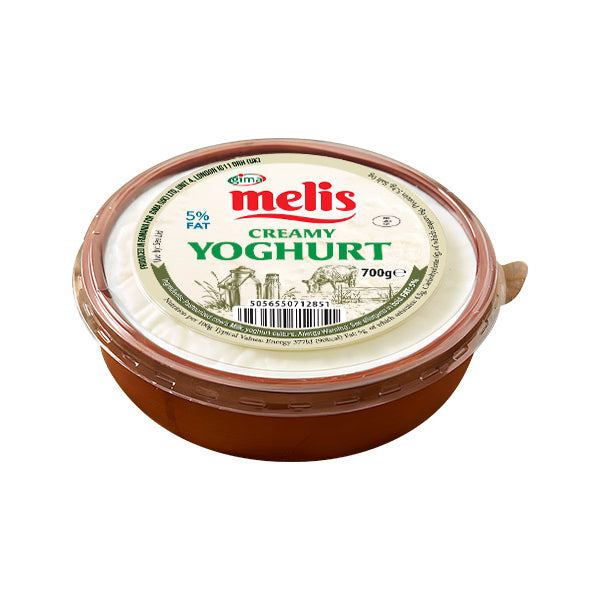 Container of melis creamy yoghurt on a white background