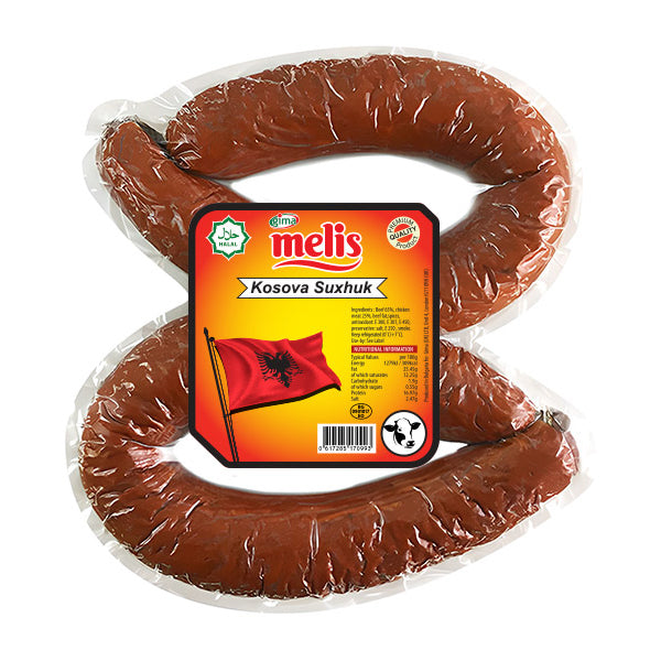 Packaged sausage with Melis label on a white background