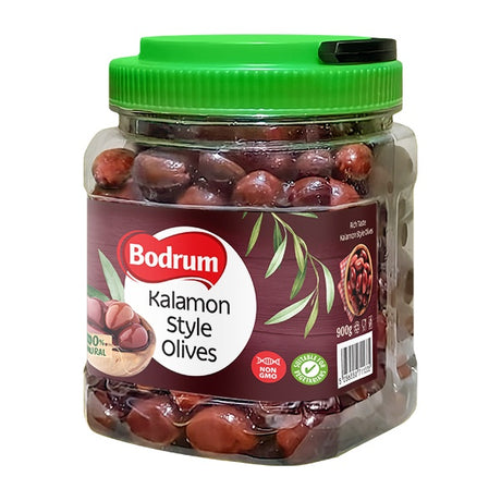 Jar of Bodrum Kalamon Style Olives with a green lid on a white background