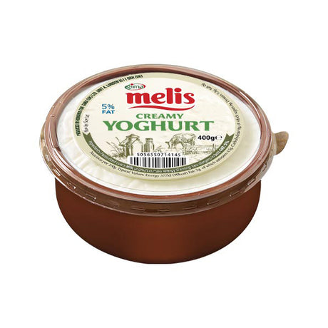 Container of melis creamy yoghurt on a white background