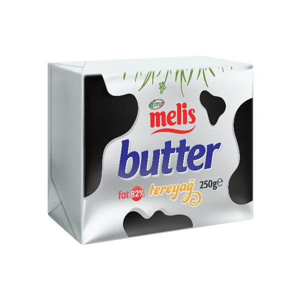 Box of Melis butter with a cow design on a white background