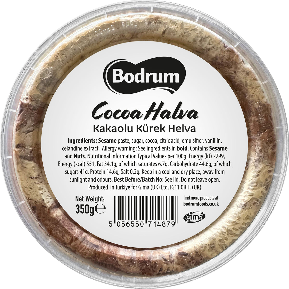 Container of Bodrum Cocoa Halva with label on a white background