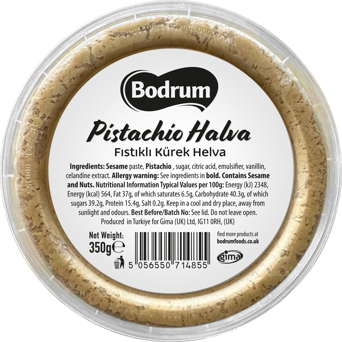 Container of Pistachio Halva with Bodrum branding on a white background