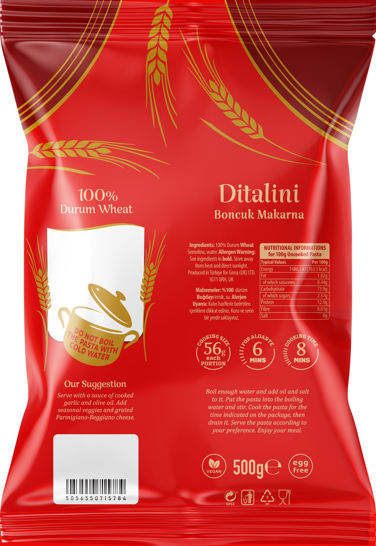 Red package of Ditalini pasta with wheat design and text on a white background