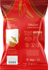 Red package of Ditalini pasta with wheat design and text on a white background