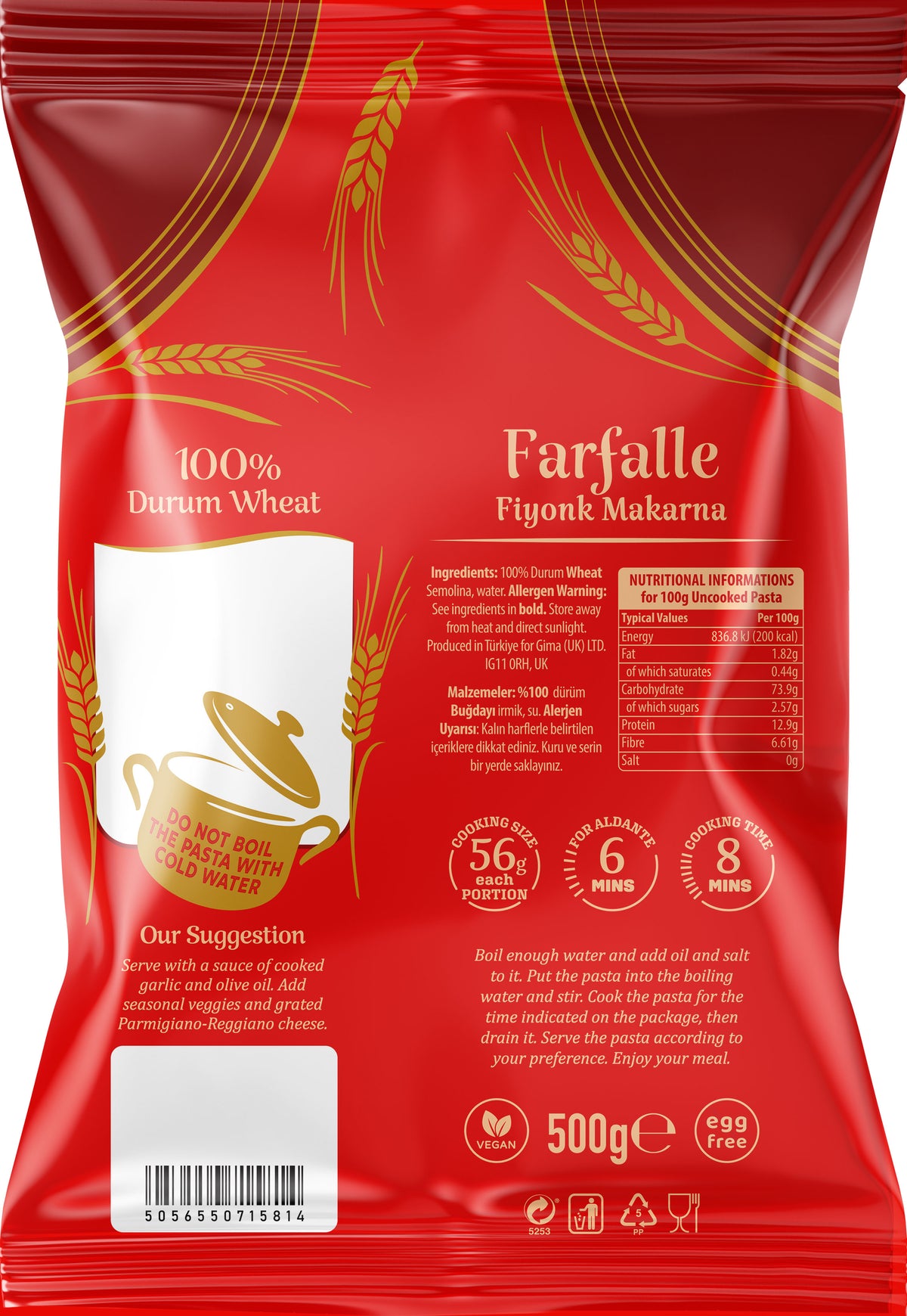 Red package of Farfalle pasta with wheat graphics and text.