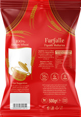 Red package of Farfalle pasta with wheat graphics and text.