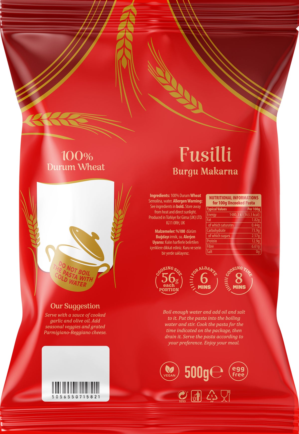 Red package of Fusilli pasta with wheat design and text on a white background