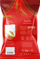 Red package of Fusilli pasta with wheat design and text on a white background