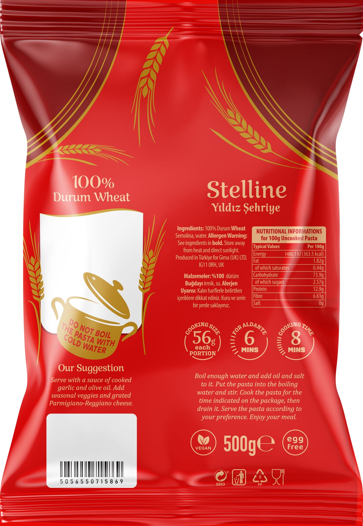 Red package of Stelline pasta with wheat design and text