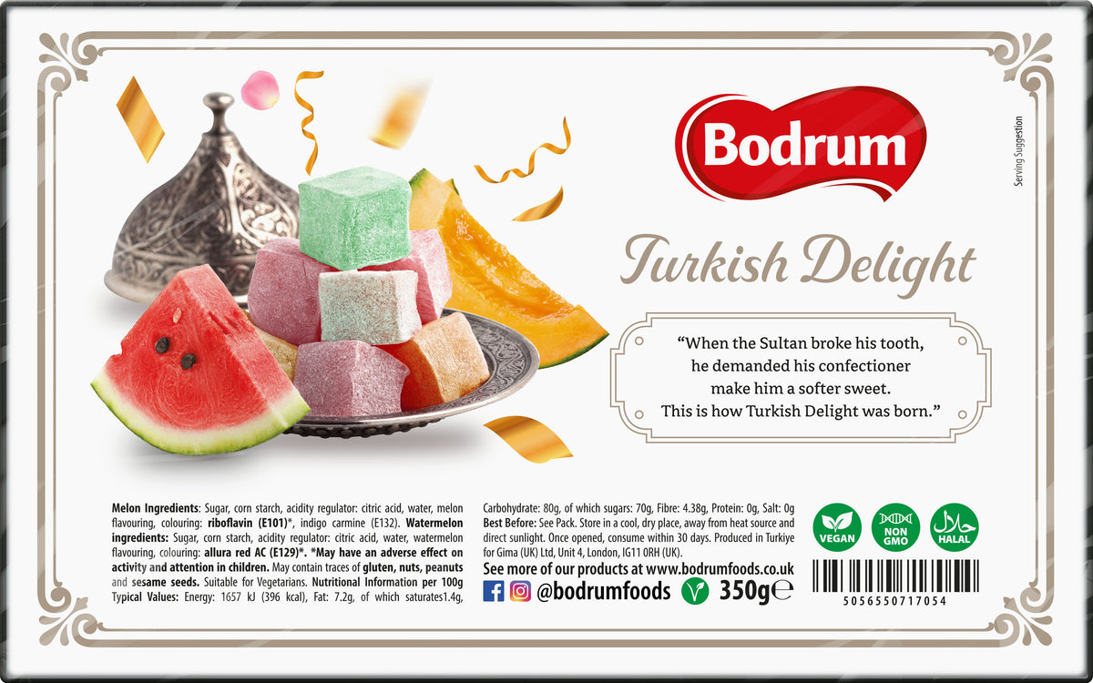 Bodrum Turkish Delight packaging with colorful delight pieces and watermelon slices.