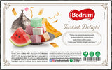 Bodrum Turkish Delight packaging with colorful delight pieces and watermelon slices.