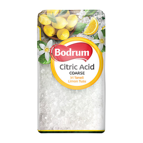 Bodrum Citric Acid packaging with lemons and flowers on a white background