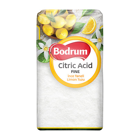 Bodrum citric acid packaging with lemons and flowers on a white background