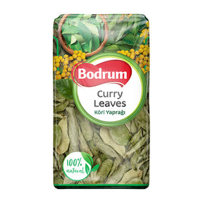 Bodrum Curry Leaves packaging with green leaves and yellow flowers on a white background