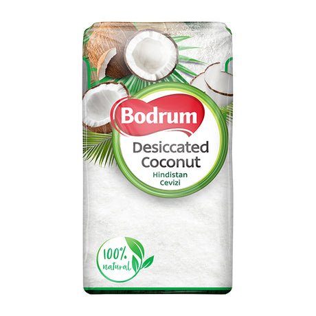 Bodrum desiccated coconut packaging on a white background