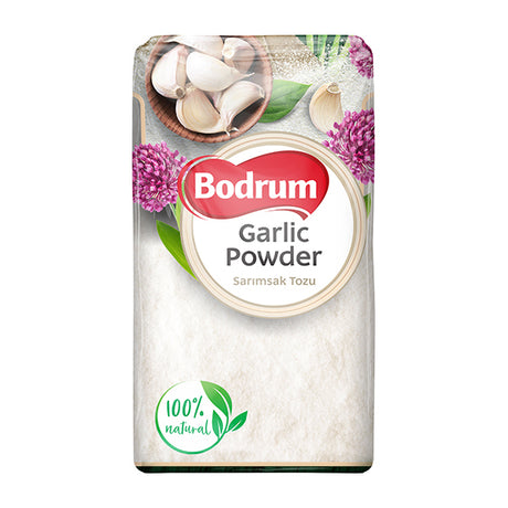 Bodrum Garlic Powder packaging with garlic bulbs and flowers on a white background
