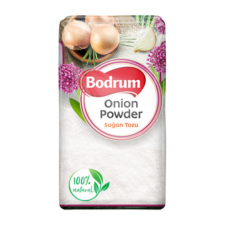 Bodrum Onion Powder packaging with onions and flowers on a white background