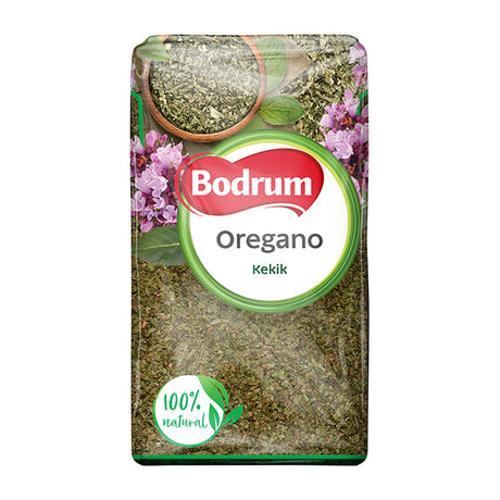 Bodrum dried oregano packaging with green and red design on a white background