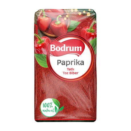 Bodrum paprika packaging with red peppers on a white background
