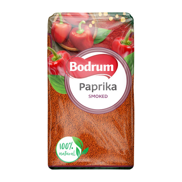Packaged smoked paprika with 'Bodrum' branding and red peppers on a white background