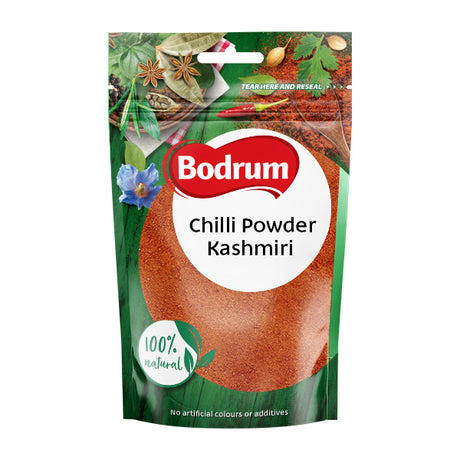 Packaging of Bodrum Chilli Powder Kashmiri with green background