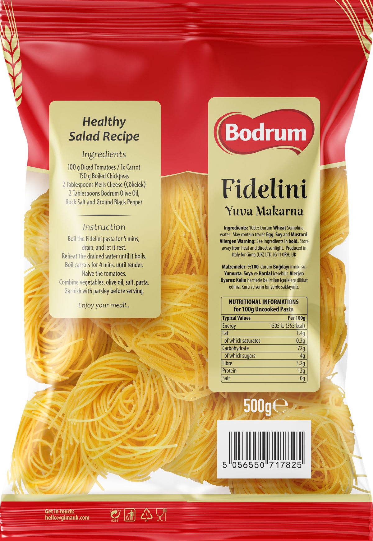 Bodrum Fidelini pasta packaging with red background and yellow pasta strands.