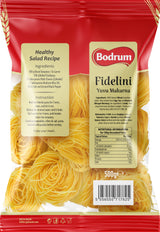 Bodrum Fidelini pasta packaging with red background and yellow pasta strands.