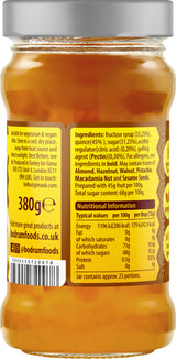 Jar of honey with a label showing ingredients and nutritional information.
