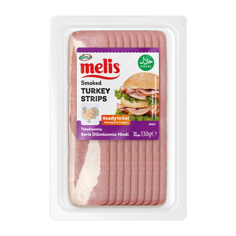 Packaged smoked turkey strips with Melis branding on a white background
