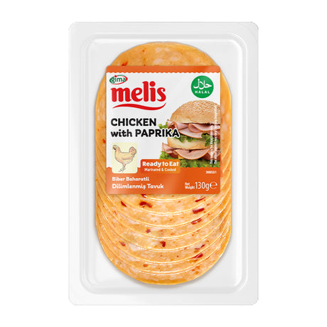 Packaged chicken with paprika slices by melis on a white background