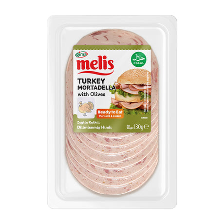 Packaged turkey mortadella with olives by Melis on a white background