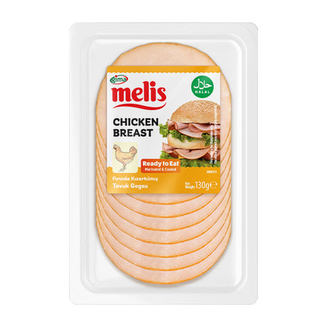 Packaged chicken breast with Melis branding on a white background