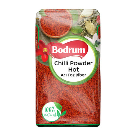 Bodrum Chilli Powder packaging with red chili powder and brand logo on a white background