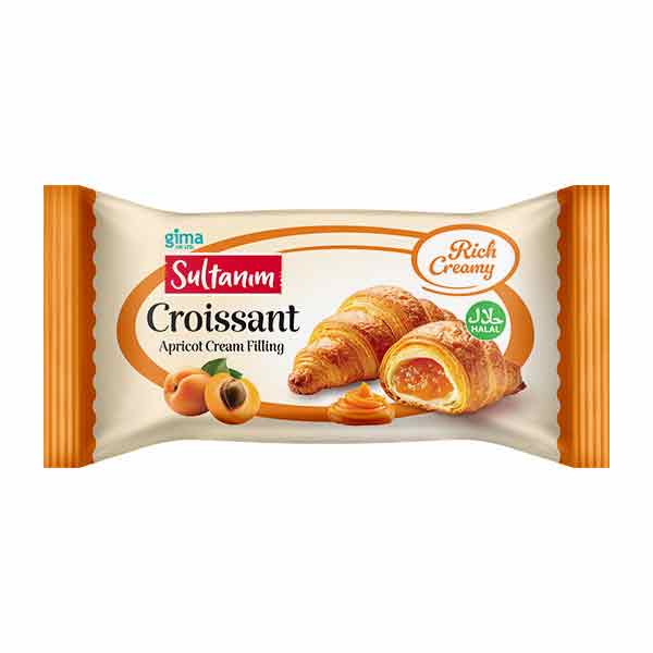 Package of Gima Sultanum Croissant with apricot cream filling on a white background