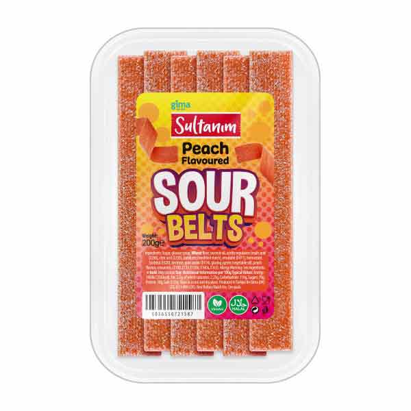 Pack of Sultanum Peach Flavoured Sour Belts on a white background