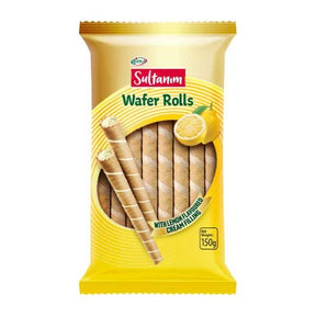 A 150g package of Sultanm Wafer Rolls with lemon flavored cream filling, featuring a yellow and cream-colored bag with illustrations of wafers and a lemon slice.