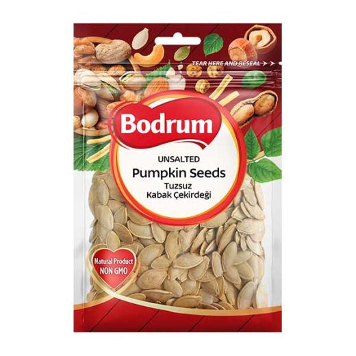 Packaging of Bodrum unsalted pumpkin seeds with a red and white design.
