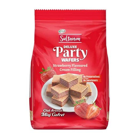 A red bag of Sultanum Deluxe Party Wafers, Strawberry Flavoured Cream Filling, featuring a photo of mini coated wafer cakes and strawberries on the front.