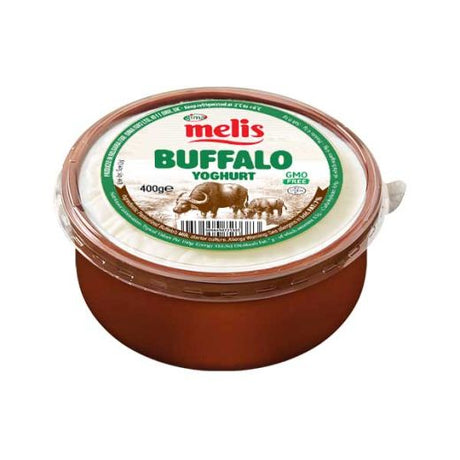 A 400g plastic tub of Melis Buffalo Yoghurt on a plain white background.