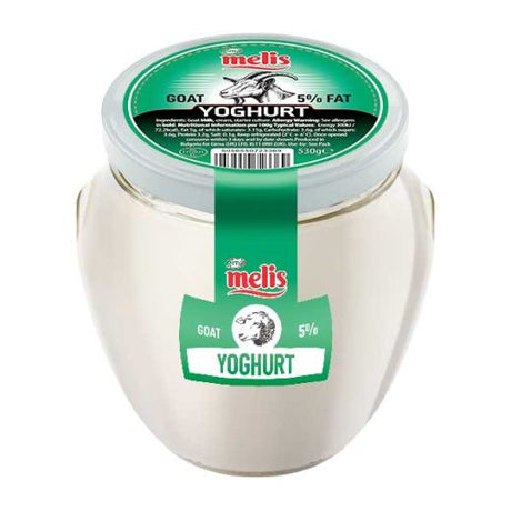 Jar of Melis goat yoghurt with green label on a white background