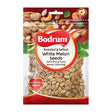 A package of Bodrum Roasted & Salted White Melon Seeds, featuring a clear window showing the tan seeds inside, with a red and white label and illustrations of nuts on a red background.