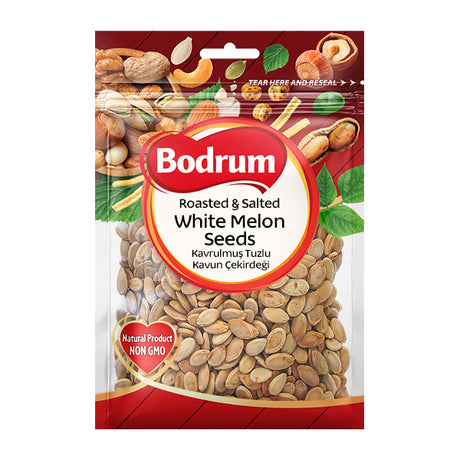 A package of Bodrum Roasted & Salted White Melon Seeds, featuring a clear window showing the tan seeds inside, with a red and white label and illustrations of nuts on a red background.